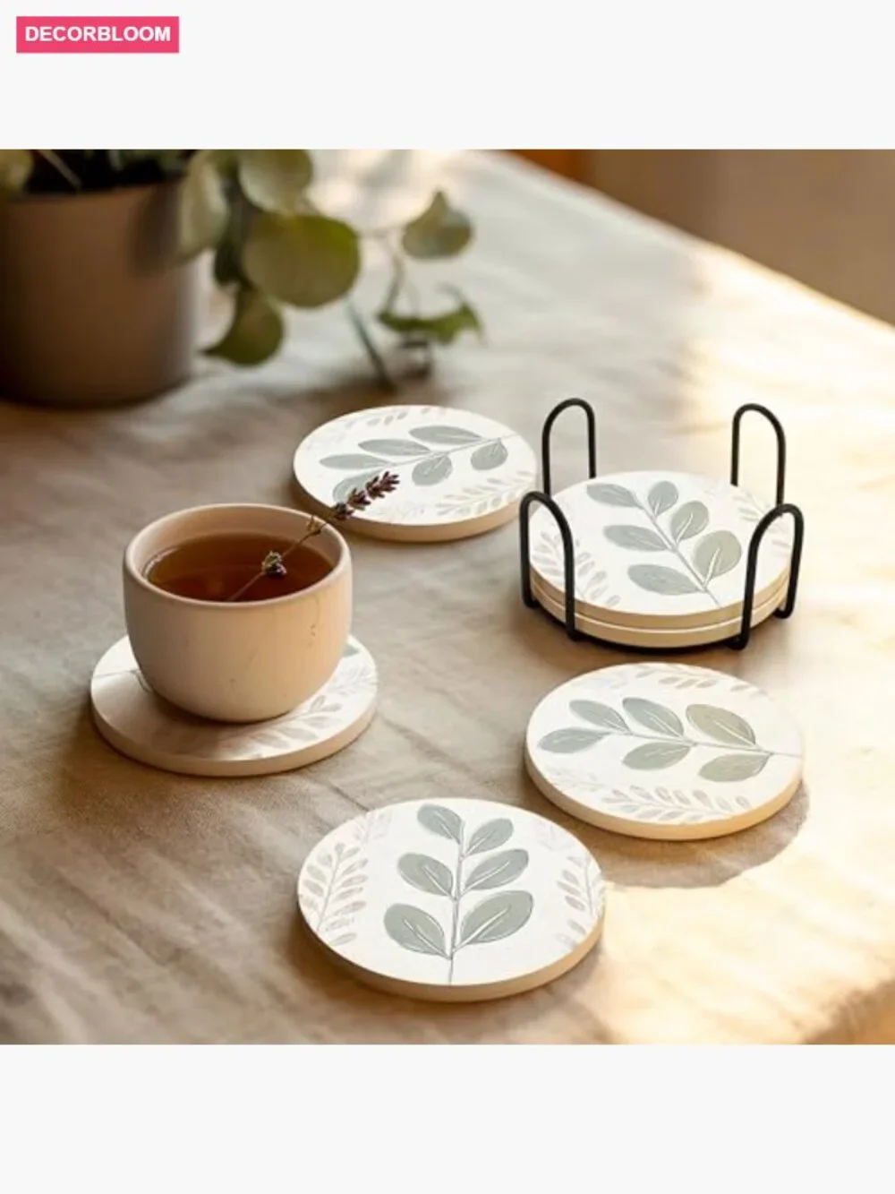 Set of 6 Absorbent Ceramic Stone Coasters with Non-Slip Cork Backing and Metal